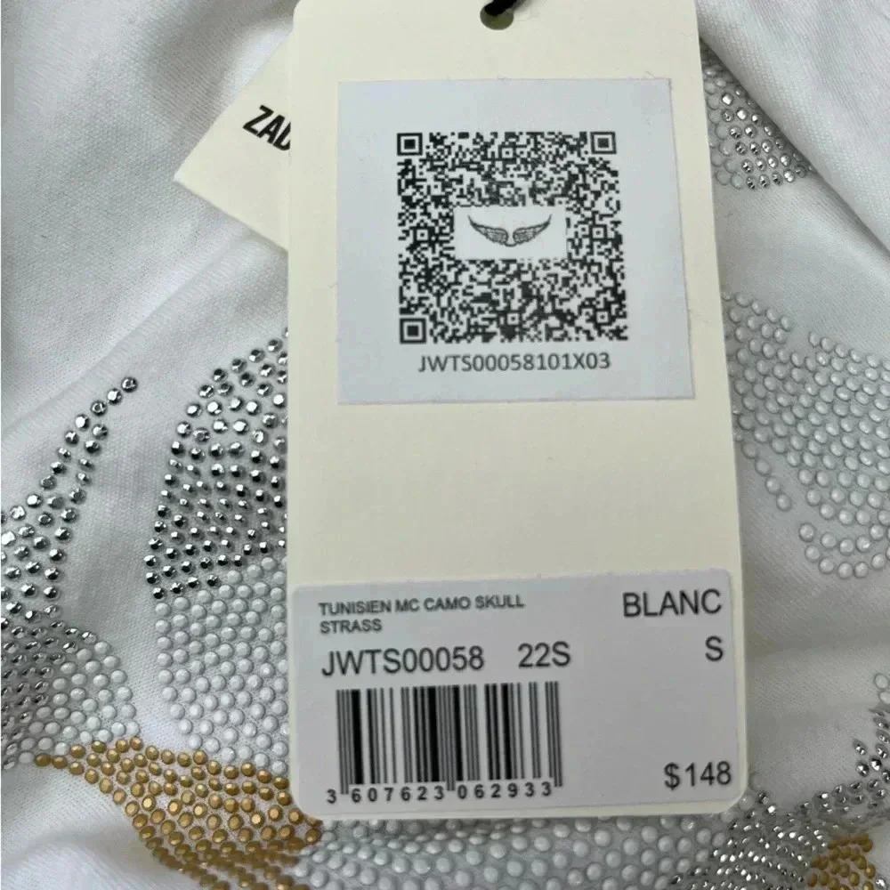 NWT Zadig & Voltaire Tunisien MC Embellished Skull Camo Strass Tee White S - Picture 3 of 3